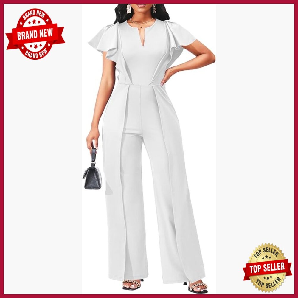 Women's Formal Jumpsuit Long Straight Pants V-Neck Zipper Business Wear